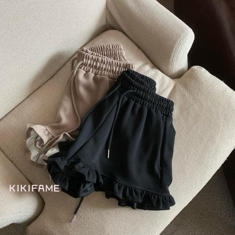 KIKIFAME🖤四色 韓系甜美荷葉邊鬆緊高腰短褲 百搭短褲 休閒短褲 運動短褲 闊腿褲 休閒褲 高腰褲 褲子 熱褲