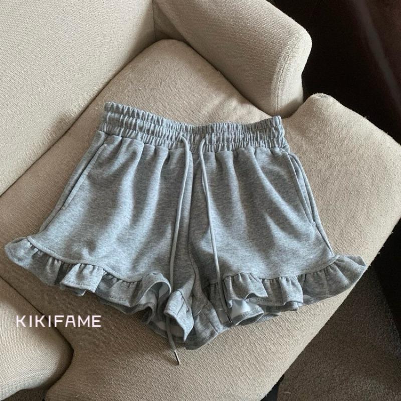 KIKIFAME🖤四色 韓系甜美荷葉邊鬆緊高腰短褲 百搭短褲 休閒短褲 運動短褲 闊腿褲 休閒褲 高腰褲 褲子 熱褲