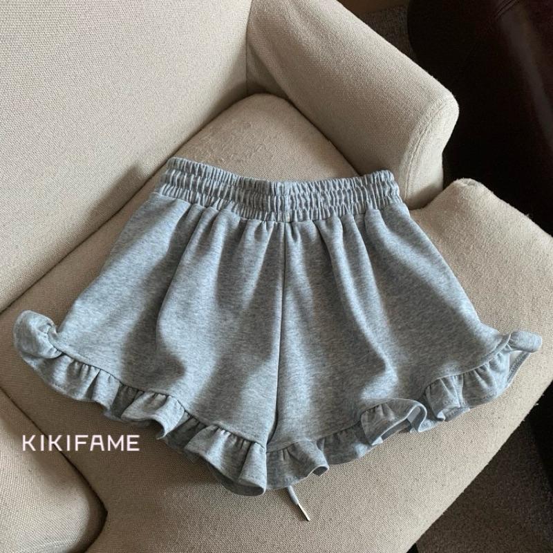 KIKIFAME🖤四色 韓系甜美荷葉邊鬆緊高腰短褲 百搭短褲 休閒短褲 運動短褲 闊腿褲 休閒褲 高腰褲 褲子 熱褲