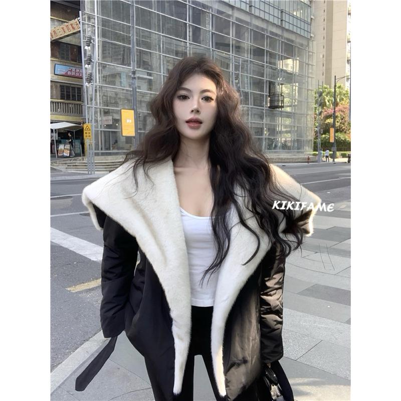 KIKIFAME🖤Korean.韓感高級撞色大翻領麵包外套 棉服 撞色外套 翻領外套 綁帶外套 保暖外套 寬鬆外套 顯瘦