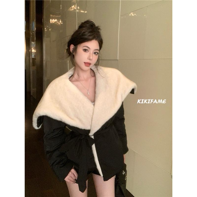 KIKIFAME🖤Korean.韓感高級撞色大翻領麵包外套 棉服 撞色外套 翻領外套 綁帶外套 保暖外套 寬鬆外套 顯瘦