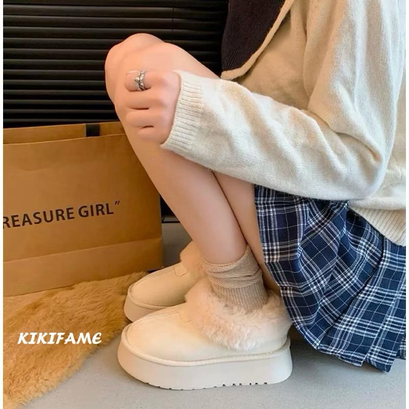 KIKIFAME🧋韓妞look🫧毛毛拼接厚底加絨雪地靴 毛毛靴 短筒靴 增高鞋 厚底鞋 圓頭靴 保暖靴 厚底靴 毛毛鞋