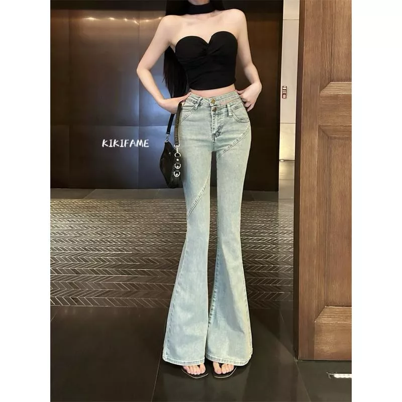 KIKIFAME🩶小性感鏤空高腰顯瘦牛仔喇叭褲 牛仔長褲 百搭牛仔褲 休閒長褲 藍色牛仔褲 高腰褲 休閒褲 顯瘦長褲