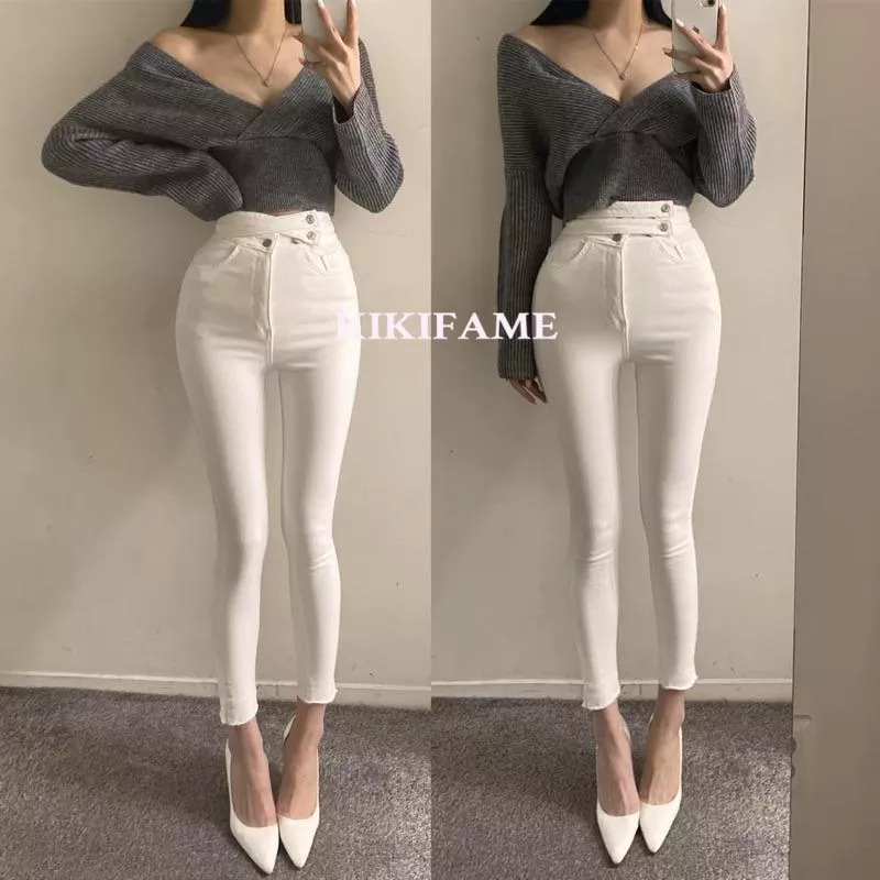 KIKIFAME🍫韓妞顯瘦排扣高腰彈力牛仔褲 九分褲 牛仔長褲  排扣牛仔褲 小腳褲 白色牛仔褲 鉛筆褲 緊身褲