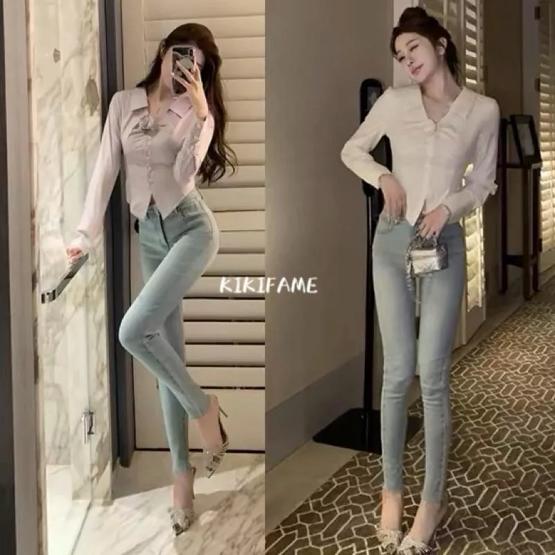 【KIKIFAME】🩶onni.經典百搭藍色高腰牛仔褲 九分褲 牛仔長褲 藍色牛仔褲 小腳褲 緊身褲 休閒長褲 鉛筆褲