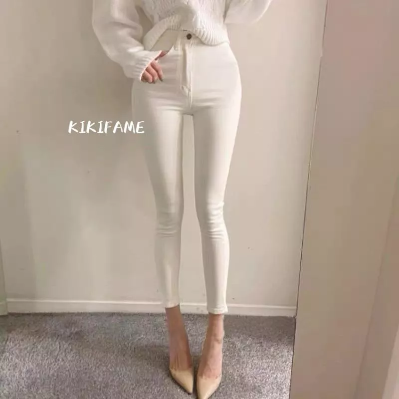【KIKIFAME】🤍兩色 韓國小姐姐長腿百搭高腰牛仔褲 九分褲 牛仔長褲 白色牛仔褲 小腳褲 彈力褲 緊身褲 休閒長褲