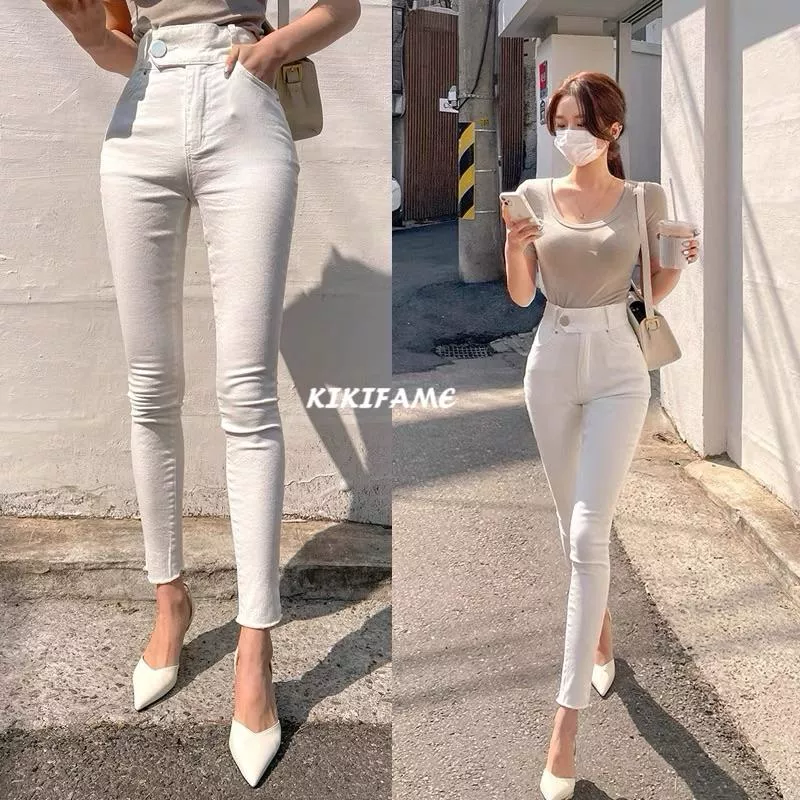 KIKIFAME🖤韓妞經典百搭一粒扣高腰彈力牛仔褲 白色牛仔褲 九分褲 牛仔長褲  小腳褲 鉛筆褲 緊身褲 休閒長褲