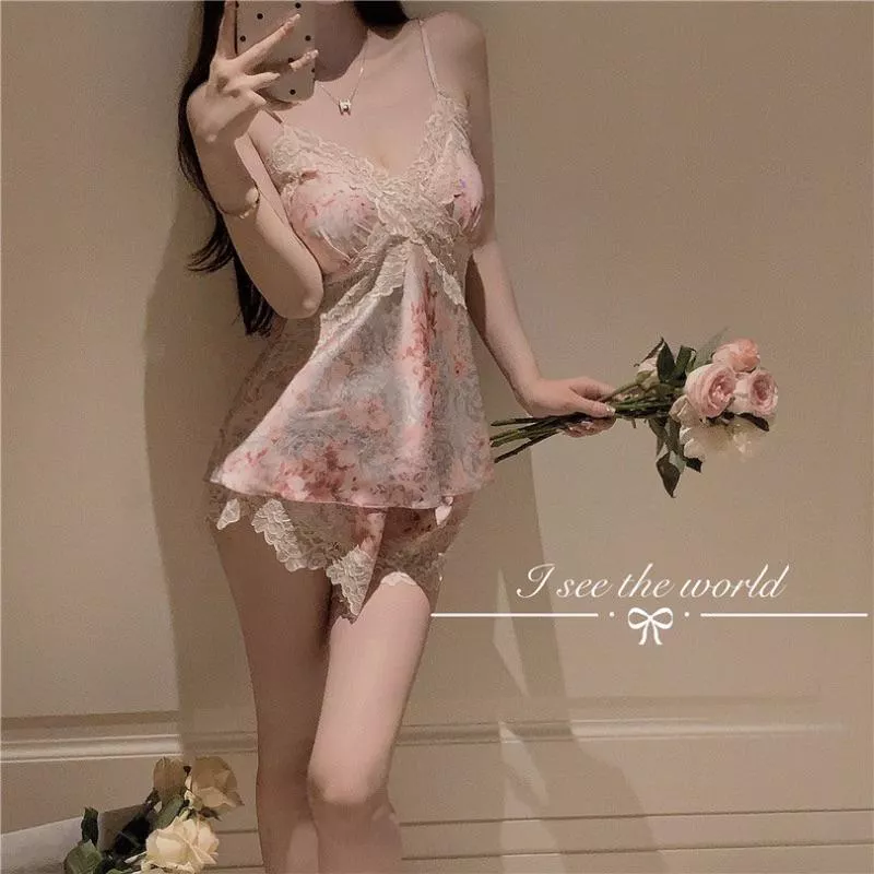 KIKIFAME🍧唯美性感碎花蕾絲睡衣套裝 兩件套 性感睡衣 蕾絲背心 碎花背心 蕾絲睡褲 兩件式睡衣 居家服 家居服