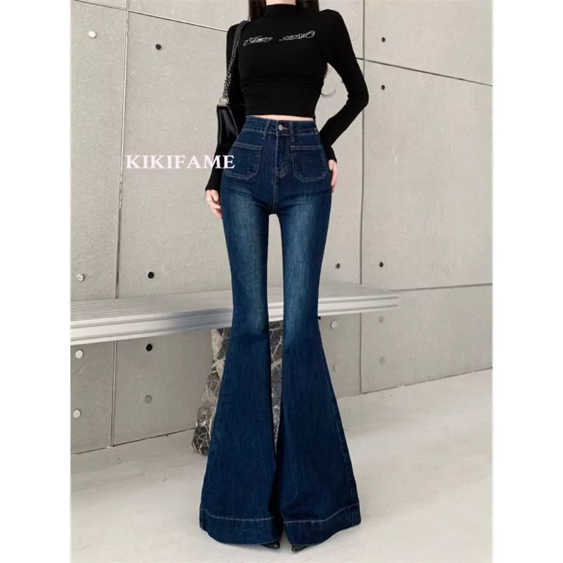 KIKIFAME🍫INS質感深藍顯瘦彈力高腰喇叭牛仔褲 牛仔長褲 喇叭褲 牛仔喇叭褲 休閒褲 藍色牛仔褲 高腰褲