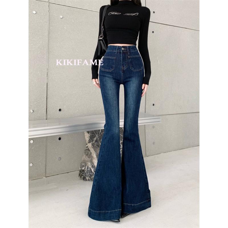 KIKIFAME🍫INS質感深藍顯瘦彈力高腰喇叭牛仔褲 牛仔長褲 喇叭褲 牛仔喇叭褲 休閒褲 藍色牛仔褲 高腰褲