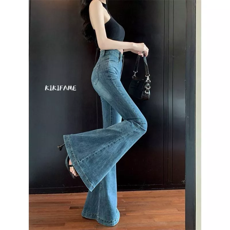 KIKIFAME🖤長腿百搭·經典高腰顯瘦牛仔喇叭褲 牛仔長褲 百搭牛仔褲 休閒長褲 藍色牛仔褲 高腰褲 休閒褲 顯瘦