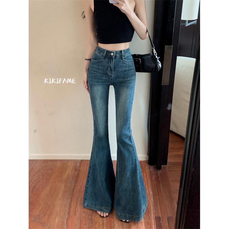 KIKIFAME🖤長腿百搭·經典高腰顯瘦牛仔喇叭褲 牛仔長褲 百搭牛仔褲 休閒長褲 藍色牛仔褲 高腰褲 休閒褲 顯瘦