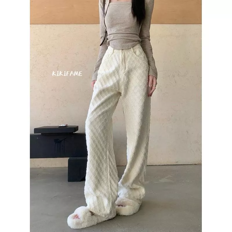 KIKIFAME💛奶油色提花紋理感牛仔長褲 牛仔褲 直筒褲 休閒褲 闊腿褲 百搭長褲 高腰褲 顯瘦長褲 褲子 高腰牛仔褲