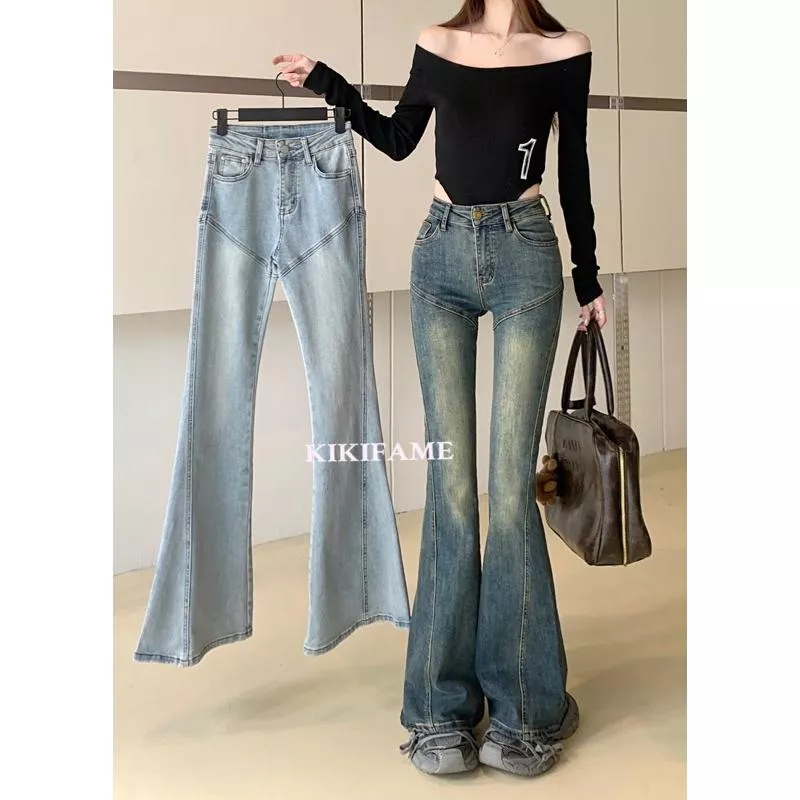 🤍KIKIFAME 兩色 顯瘦彈力高腰微喇叭牛仔褲 牛仔長褲 喇叭褲 牛仔喇叭褲 休閒褲 高腰牛仔褲 緊身褲 百搭