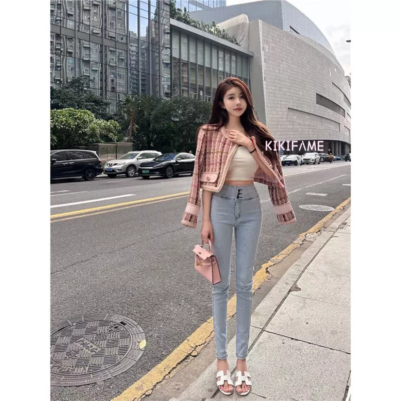 KIKIFAME🖤兩色 CHIC百搭質感排扣彈力牛仔褲 小腳褲 高腰褲 牛仔長褲 牛緊身褲 鉛筆褲 丹寧褲