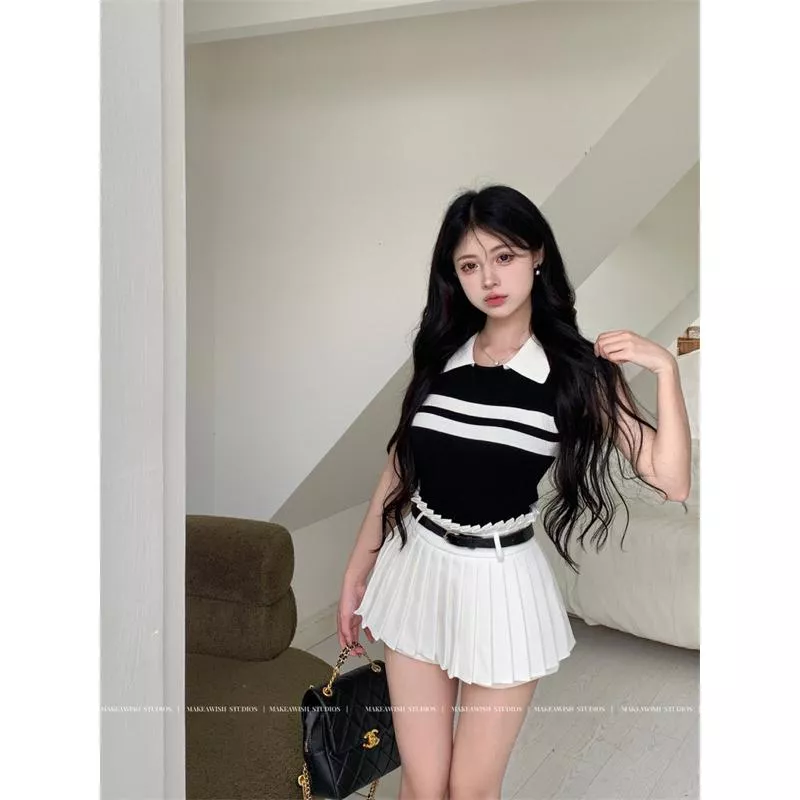 KIKIFAME🕊️Leny甜美學院風條紋翻領針織背心 百褶褲裙 無袖上衣 polo領 條紋背心 白色百褶裙 套裝 短裙