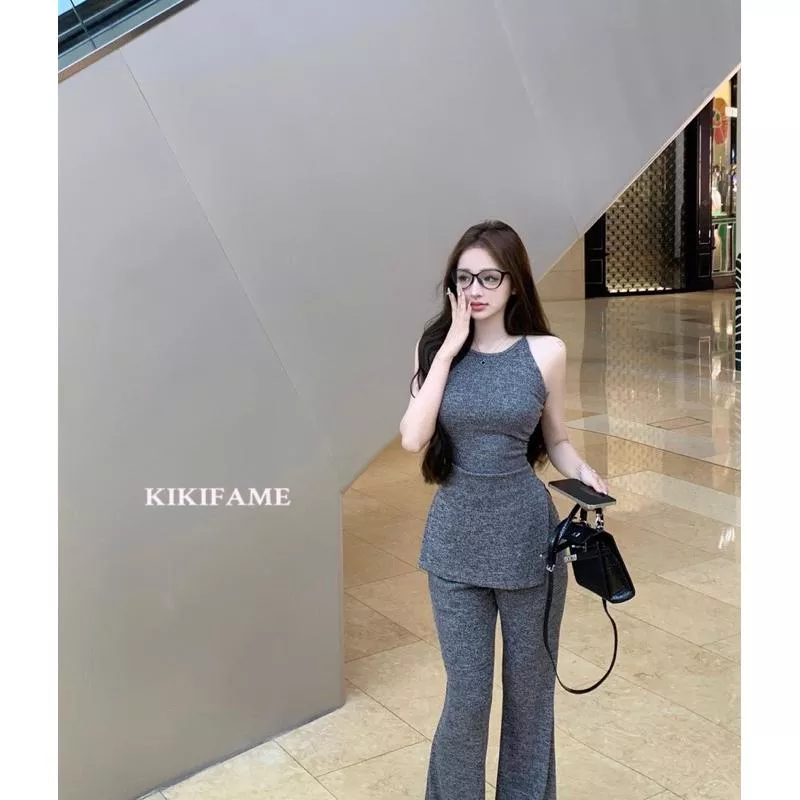 KIKIFAME🖤INS質感休閒削肩背心 +微喇叭長褲 兩件套 休閒套裝 掛脖背心 無袖上衣 喇叭褲 休閒長褲