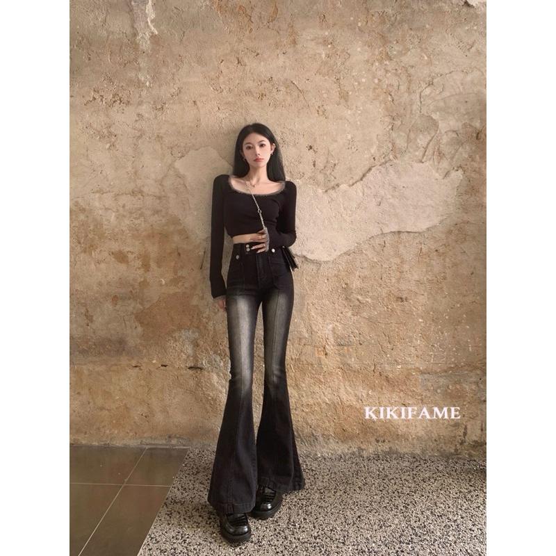 KIKIFAME🧺兩色 韓系質感撞色拼接長袖上衣 微喇牛仔長褲 長袖t恤 撞色上衣 喇叭褲 牛仔褲 休閒套裝
