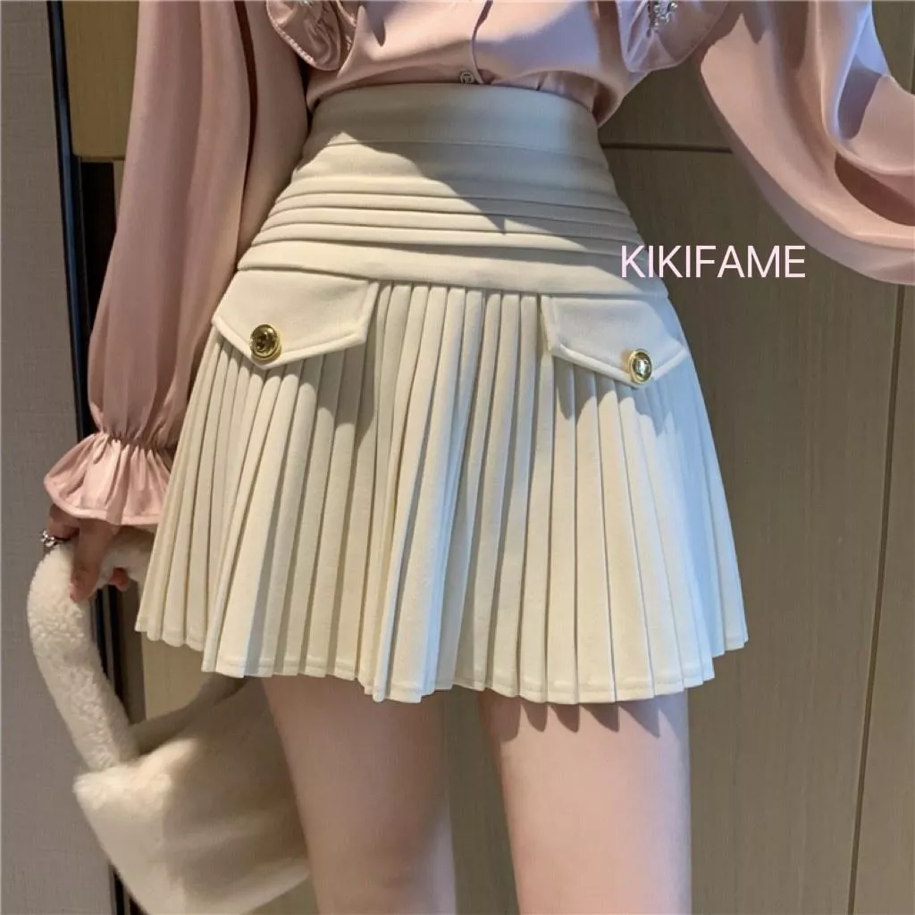 KIKIFAME🌙美 兩色 法式小香風質感百褶裙(防走光) 短裙 高腰裙 傘裙 A字裙 高腰短裙 小香風裙 防走光裙