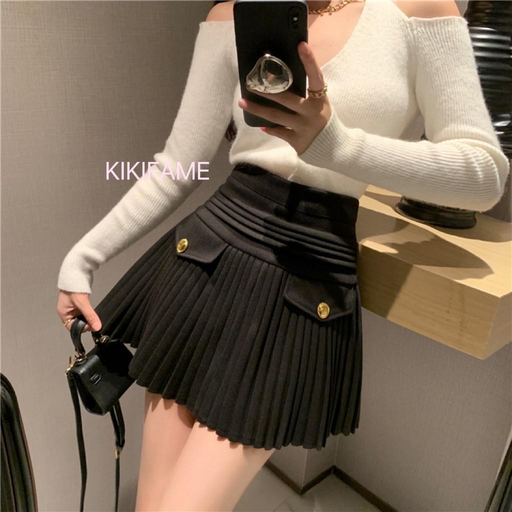 KIKIFAME🌙美 兩色 法式小香風質感百褶裙(防走光) 短裙 高腰裙 傘裙 A字裙 高腰短裙 小香風裙 防走光裙