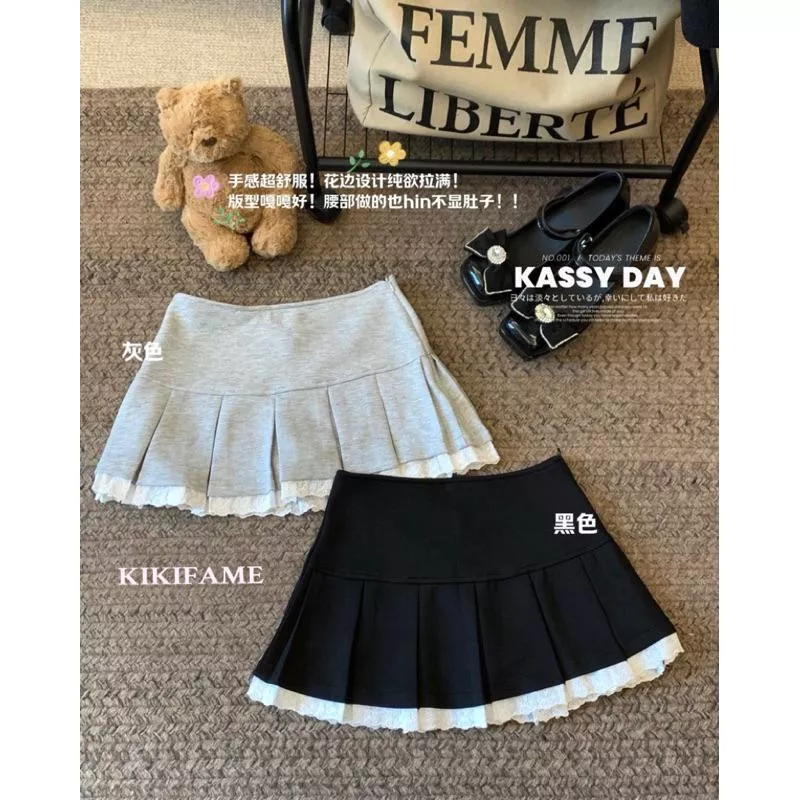 KIKIFAME🤍兩色 純欲系·蕾絲拼接百褶短裙(有安全褲)高腰裙 百褶裙 防走光 黑色百褶裙 A字短裙 拼接裙 半身裙