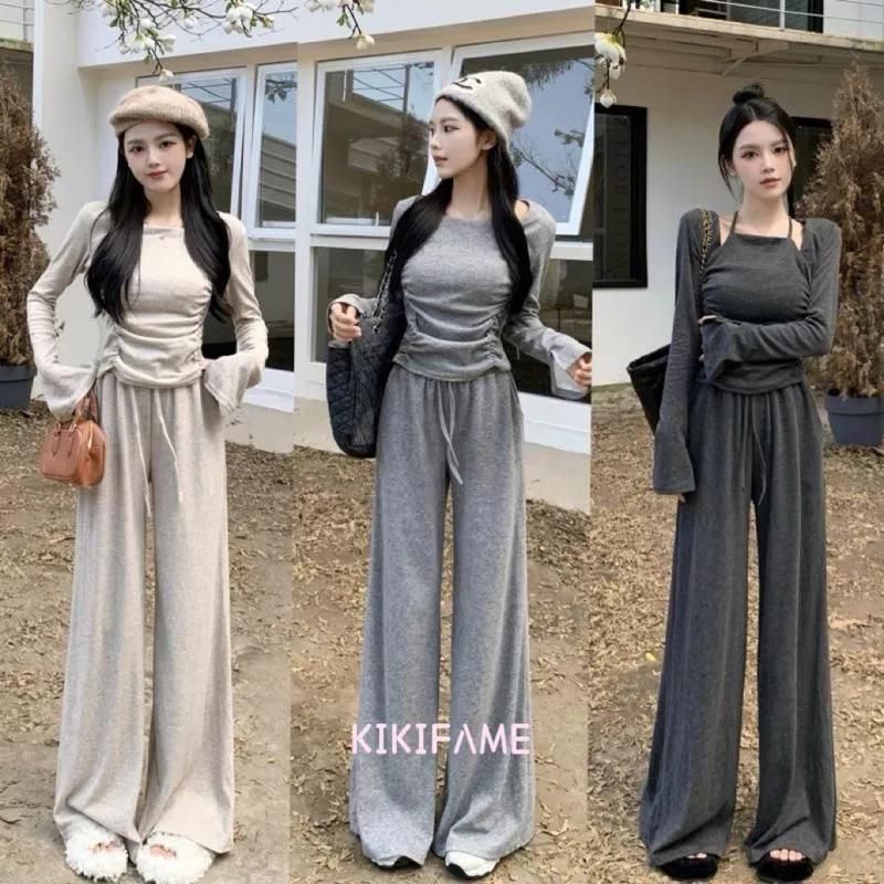 KIKIFAME🐻三色 設計款掛脖抽褶上衣+長褲套裝 休閒套裝 長袖T恤 兩件式套裝 休閒長褲 闊腿褲 休閒褲