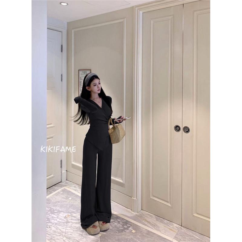 KIKIFAME🤎小姐姐休閒感V領長袖綁帶上衣 鬆緊腰長褲 長袖上衣 收腰 休閒套裝 休閒長褲 兩件套 高腰褲 休閒褲