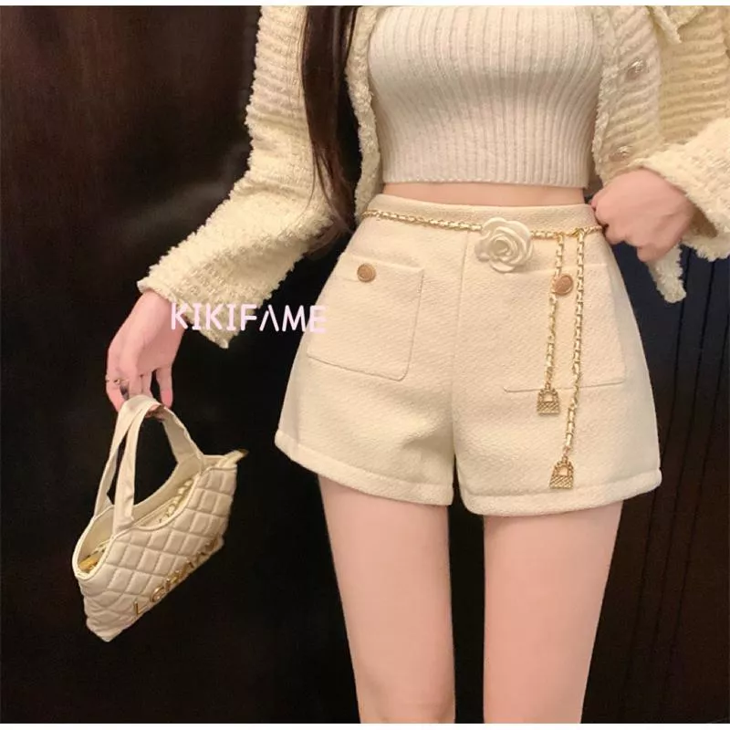 KIKIFAME🤍兩色 高級感百搭小香風高腰短褲(腰鏈加購)休閒短褲 休閒褲 粗花呢短褲 顯瘦短褲 毛呢短褲 百搭短褲