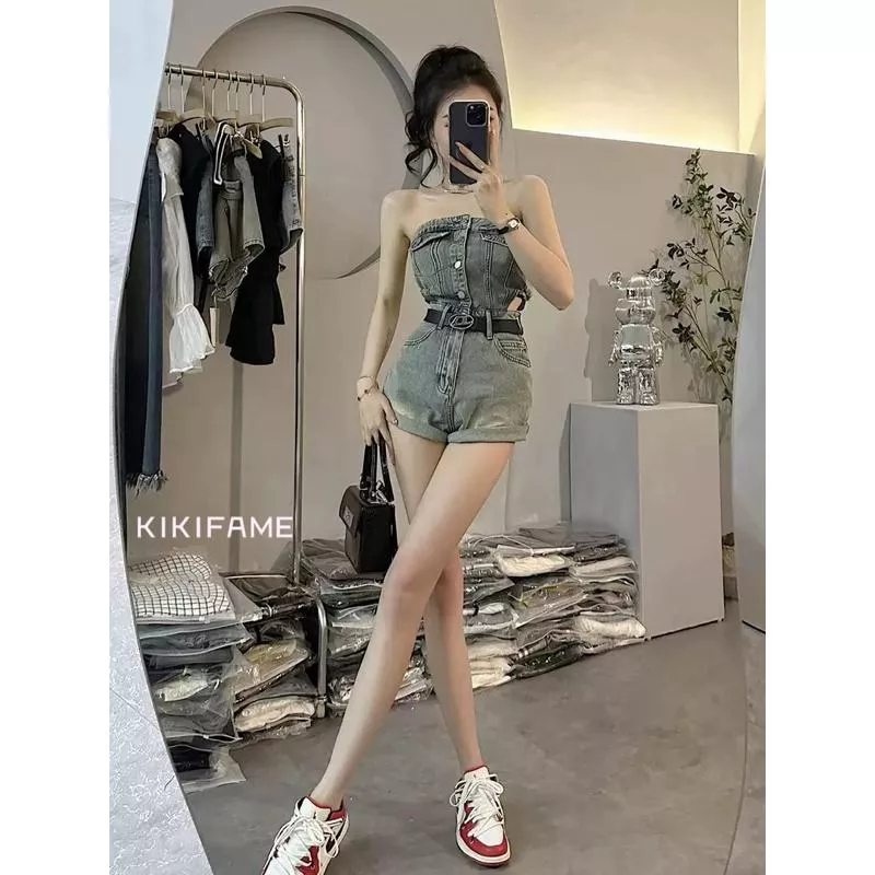 KIKIFAME🖤復古小性感排扣牛仔平口連身褲 連身短褲 連體褲 鏤空連身褲 牛仔連身褲 牛仔短褲 露腰連身褲