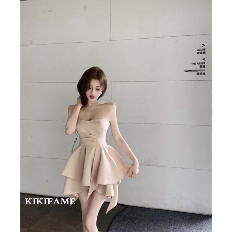 KIKIFAME🥂氣質美人 | 花瓣交疊收腰平口洋裝 抹胸裙 不規則洋裝 無袖洋裝 連身裙 A字洋裝 杏色洋裝 短裙