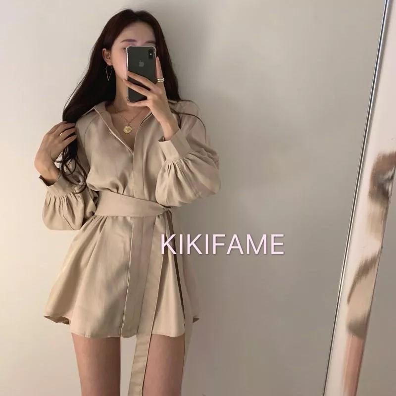 ❤️美 韓版 四色 氣質純色綁帶襯衫+高腰短褲(兩件組) 綁帶襯衫 長袖襯衫 純色襯衫 襯衫套裝 KIKIFAME