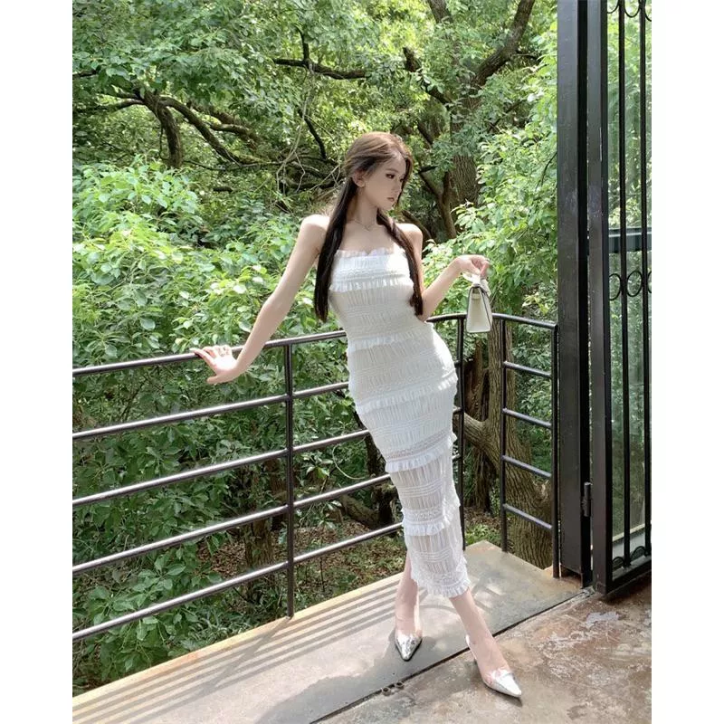 ❤️美 Fercia仙女荷葉開衩長洋裝 吊帶洋裝 白色洋裝 合身長洋裝 開衩洋裝 白色洋裝 透膚洋裝 連身裙 包臀洋裝