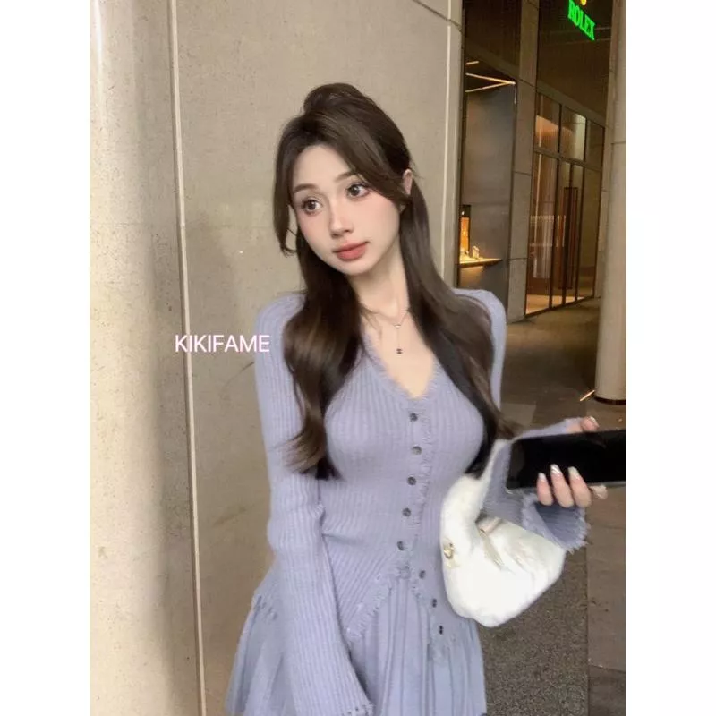 KIKIFAME🤍Beryl小仙女霧霾色排扣針織衫+百褶裙套裝 針織上衣 長袖針織 開衫 針織百褶裙 兩件套 短裙套裝