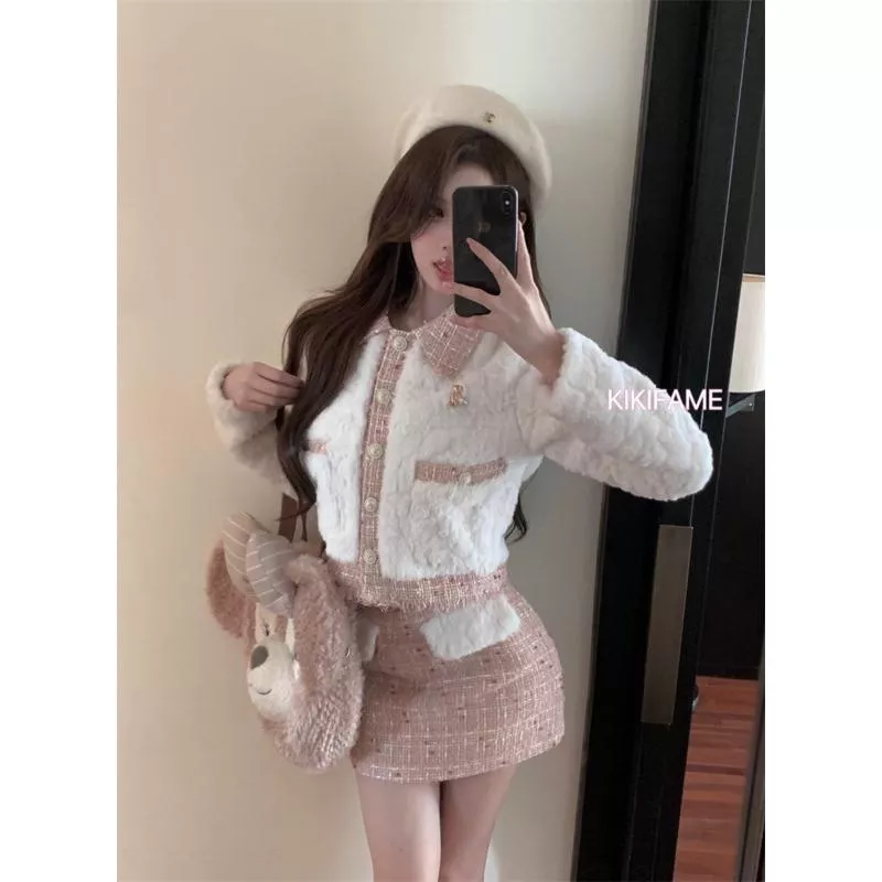 💗美 兩色 Debby小香風翻領毛絨上衣 短裙 毛毛上衣 小香風上衣 小香風套裝 排扣上衣 半身裙 拼接上衣 兩件套