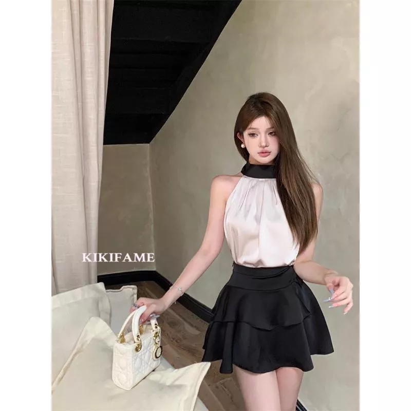 KIKIFAME🤍經典小香風 | 名媛氣質掛脖繫帶上衣 黑色蛋糕裙 無袖上衣 緞面上衣 削肩上衣 A字短裙 緞面裙 套裝