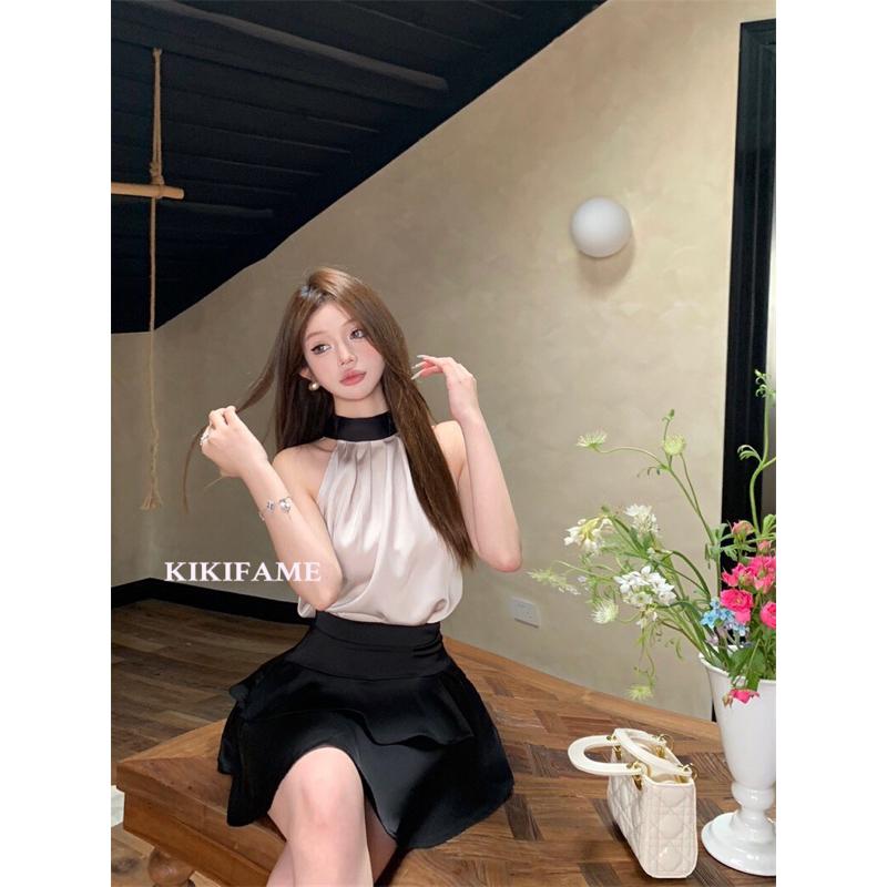 KIKIFAME🤍經典小香風 | 名媛氣質掛脖繫帶上衣 黑色蛋糕裙 無袖上衣 緞面上衣 削肩上衣 A字短裙 緞面裙 套裝