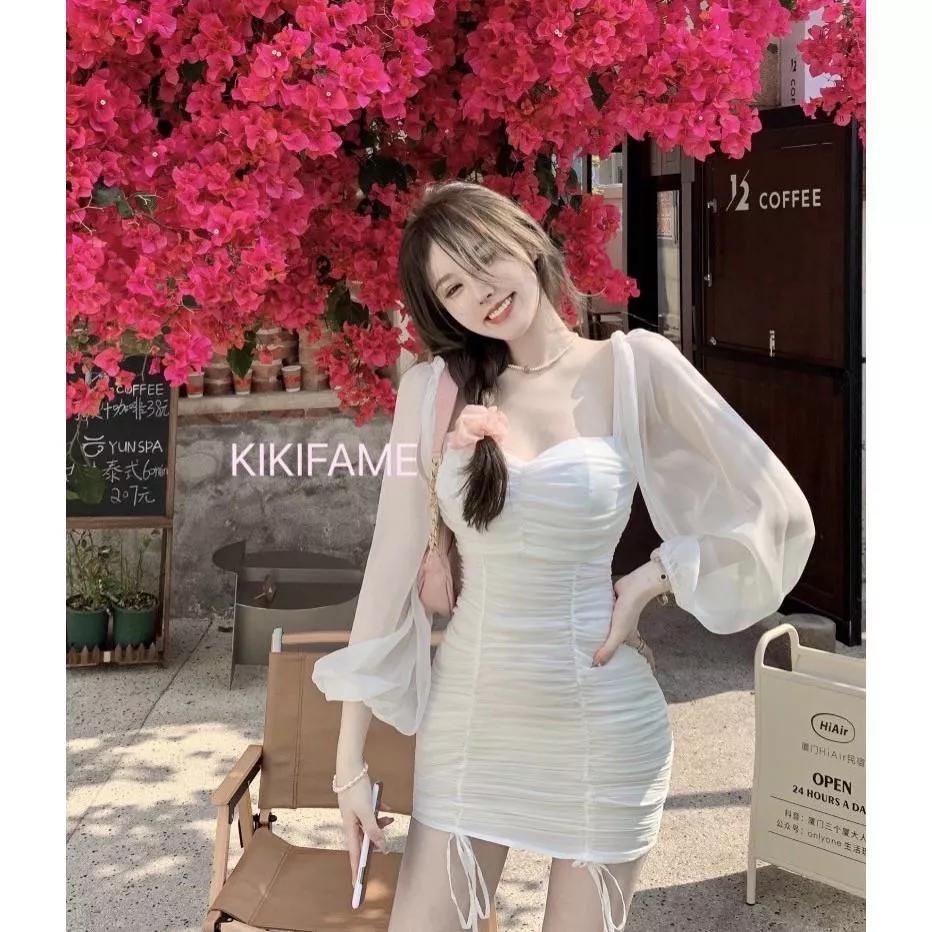 🔥美 兩色 LOFY仙氣抽繩長袖洋裝 拼接洋裝 抽繩洋裝 抽繩連身裙 長袖連身裙 包臀洋裝 雪紡拼接洋裝KIKIFAME