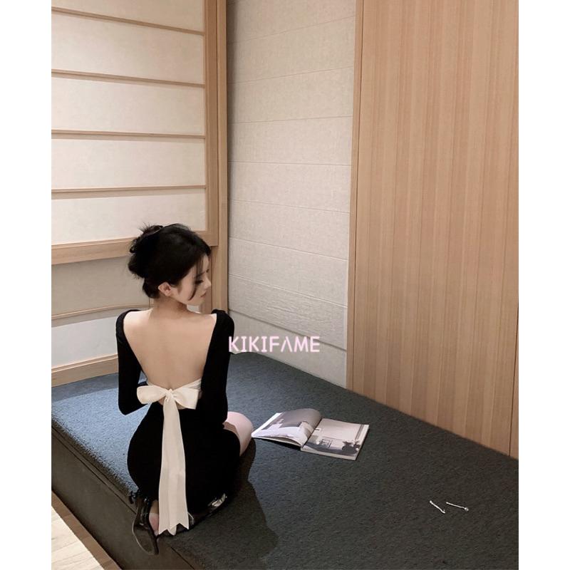 🤍美 名媛性感露背綁帶洋裝 黑色洋裝 露背洋裝 包臀洋裝 性感洋裝 美背洋裝 圓領洋裝 長袖 洋裝 連身裙 鏤空洋裝