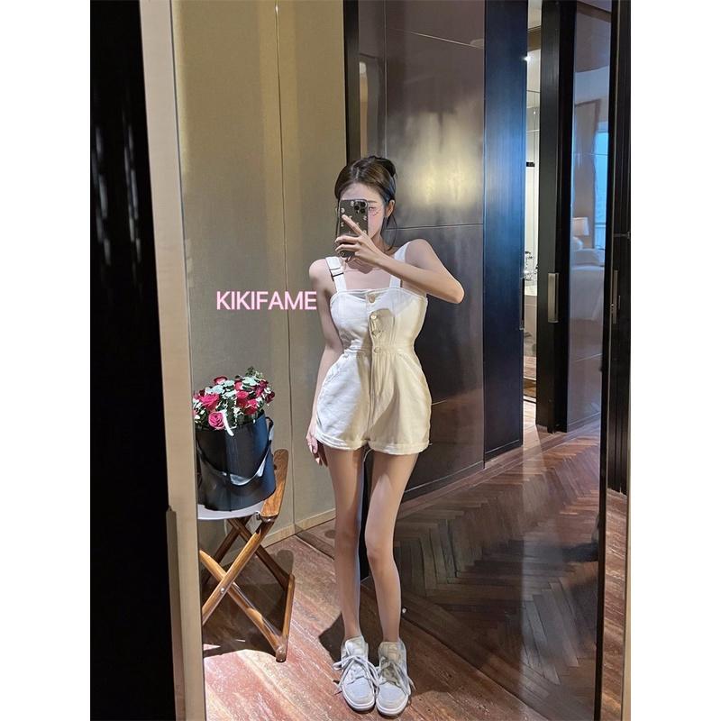 ❤️美 兩色 INS質感復古牛仔背帶褲 白色吊帶褲 牛仔連身褲 連身短褲 吊帶褲 牛仔短褲 吊帶連身褲 休閒短褲