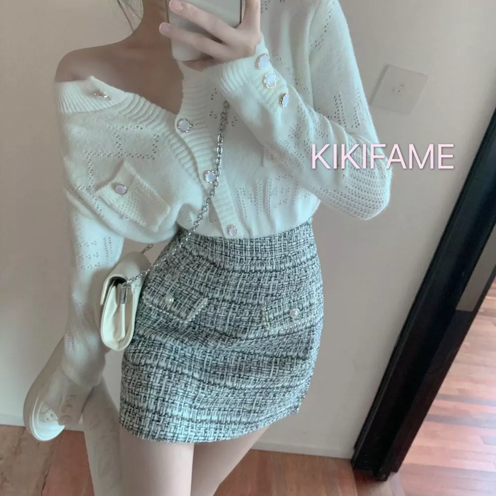 ❤️美 溫柔小姐姐排扣針織衫 小香包臀裙 長袖針織 針織上衣 排扣針織 針織衫 半身裙 短裙 KIKIFAME
