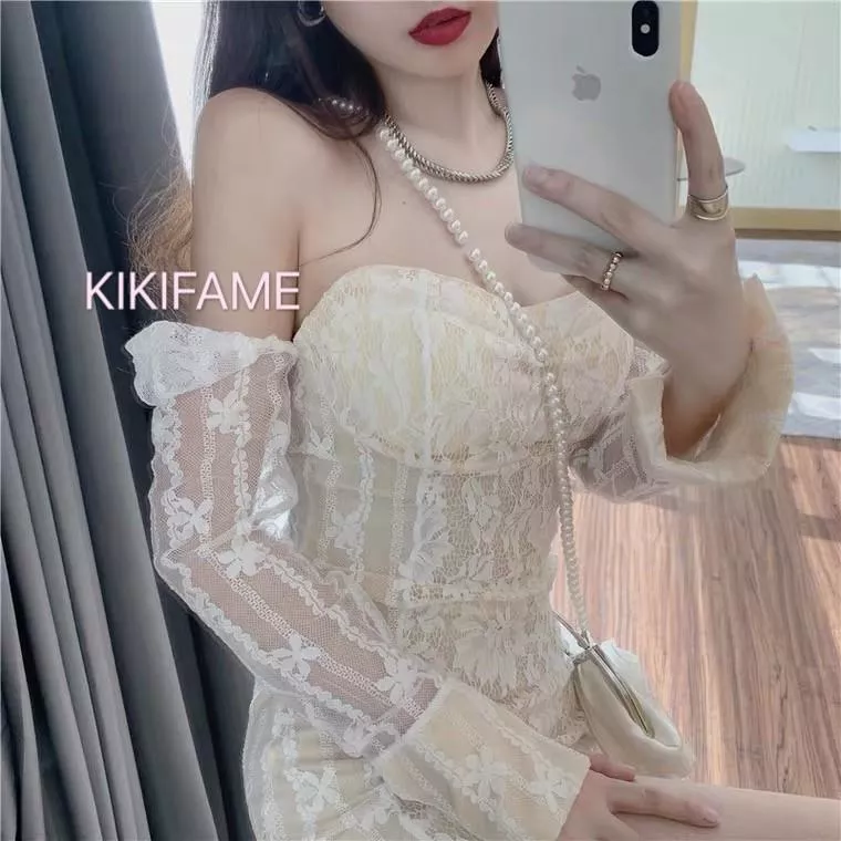 🔥美 韓版 仙女法式長袖蕾絲洋裝 蕾絲洋裝 蕾絲連身裙 長袖洋裝 露肩洋裝 一字領洋裝 包臀洋裝 KIKIFAME