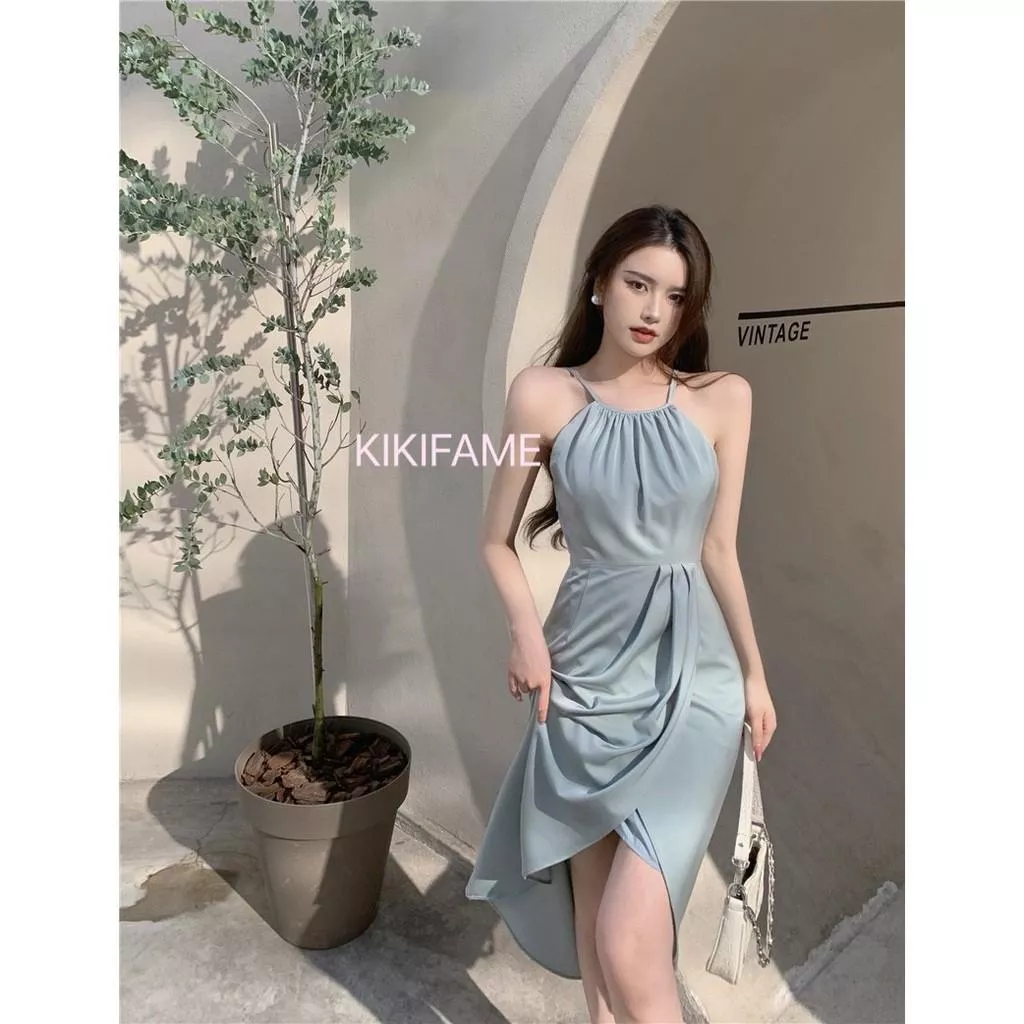 ❤️美 法式優雅掛脖開衩洋裝 無袖洋裝 長洋裝 掛脖洋裝 開衩洋裝 連身洋裝 過膝洋裝 中長洋裝 KIKIFAME