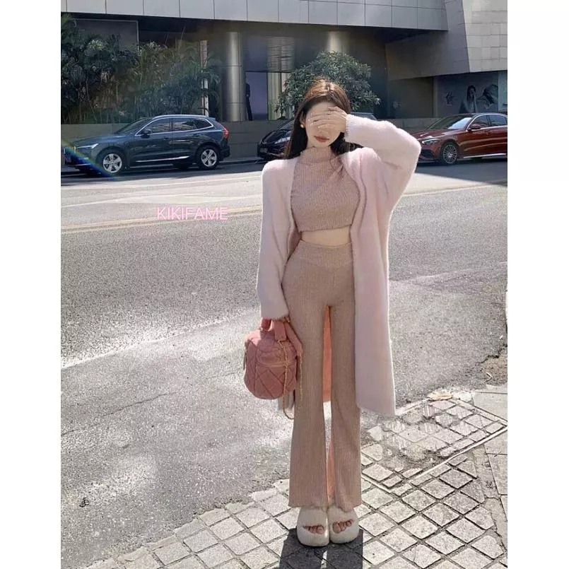 🔥美 INS質感長袖T+長褲套裝 水貂絨毛外套 休閒套裝 高領上衣 休閒長褲 三件套 長版外套 針織開衫 毛衣外套