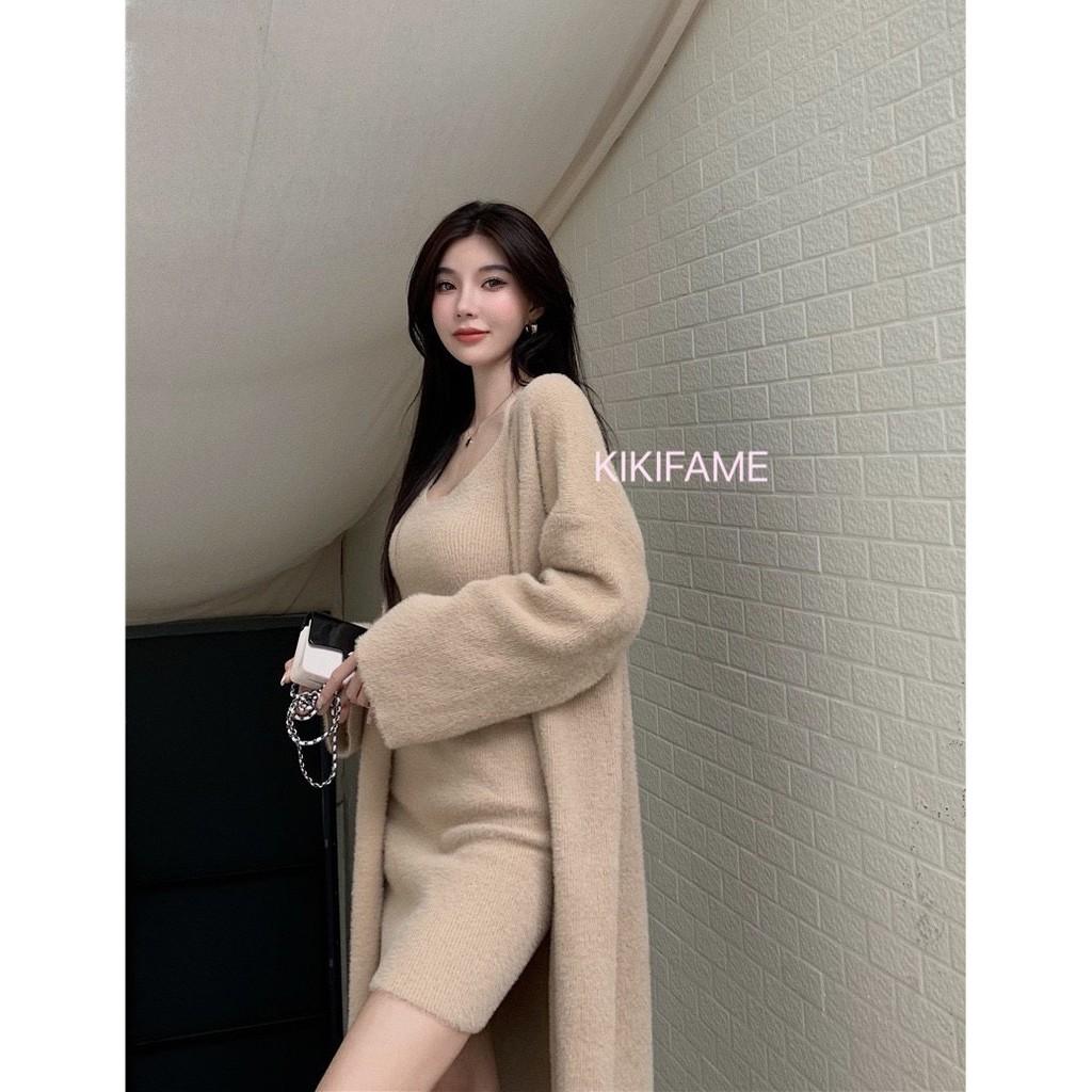 💛美 兩色 JANE慵懶毛毛背心 毛毛短裙 毛衣外套 針織背心 掛脖背心 針織短裙 長版外套 毛衣罩衫 KIKIFAME