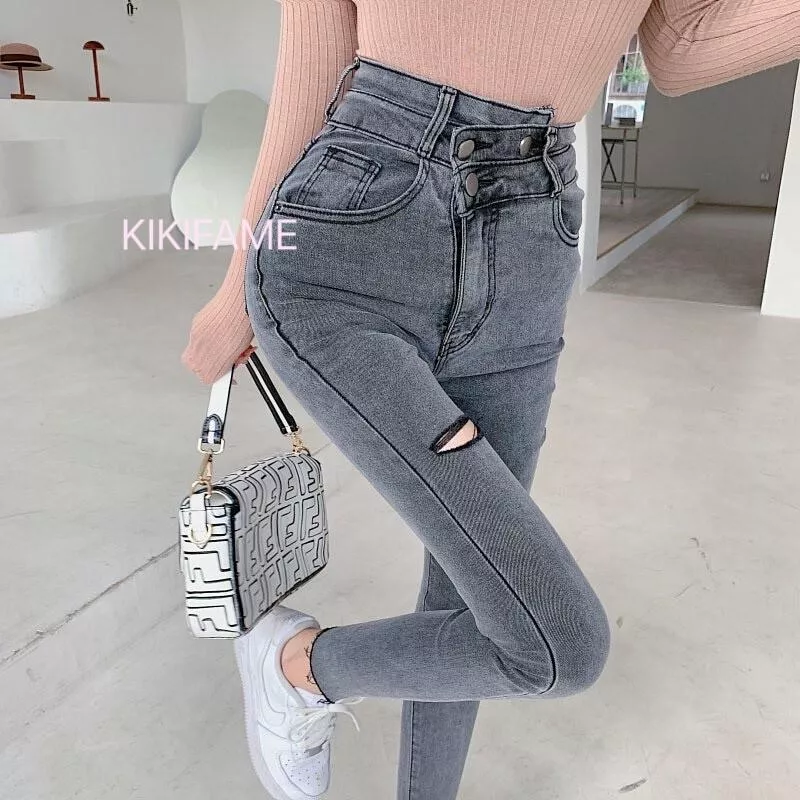 ❤️美 兩色 設計感不規則排扣牛仔褲 破損牛仔褲 高腰牛仔褲 牛仔長褲 排扣牛仔褲 彈力牛仔 割破牛仔褲KIKIFAME