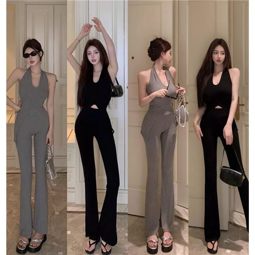 KIKIFAME🔥兩色 CHIC性感掛脖開衩背心+長褲套裝 兩件套 性感 露背背心 掛脖背心 休閒長褲 休閒褲 針織背心