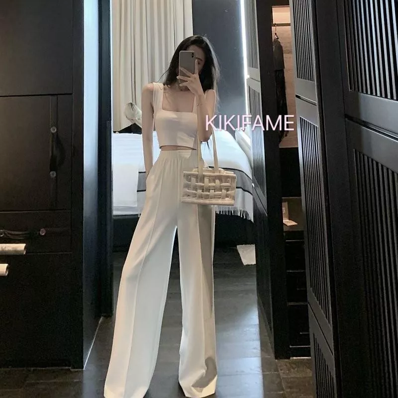 ❤️美 韓chic方領寬帶背心 白色顯瘦寬褲 短版背心 休閒套裝 吊帶背心 白色套裝 休閒長褲 白色長褲 拖地褲 直筒褲