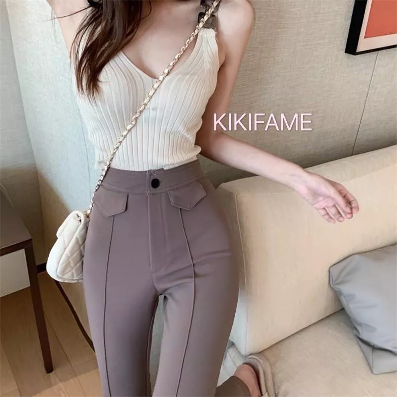 ❤️美 韓版 兩色 垂感微喇叭開衩休閒褲 休閒長褲 喇叭褲 長褲 高腰褲 休閒褲 開衩長褲 九分褲 KIKIFAME