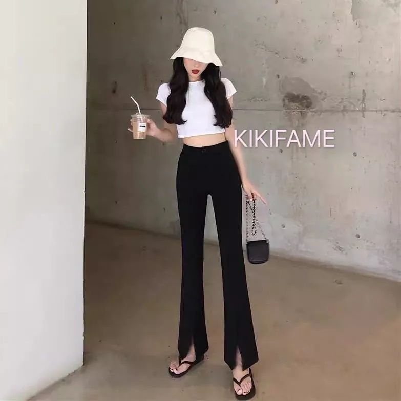 ❤️美 長腿顯瘦微喇叭開衩長褲 休閒長褲 休閒褲 開衩褲 開衩長褲 喇叭褲 黑色長褲 黑色開衩喇叭褲 黑色喇叭褲