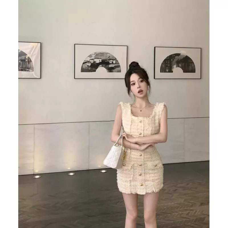 ❤️美 Lim小香風奶杏金扣包臀洋裝 背心裙 小香風洋裝 粗花呢洋裝 無袖洋裝 包臀洋裝 連身裙 吊帶裙 名媛洋裝